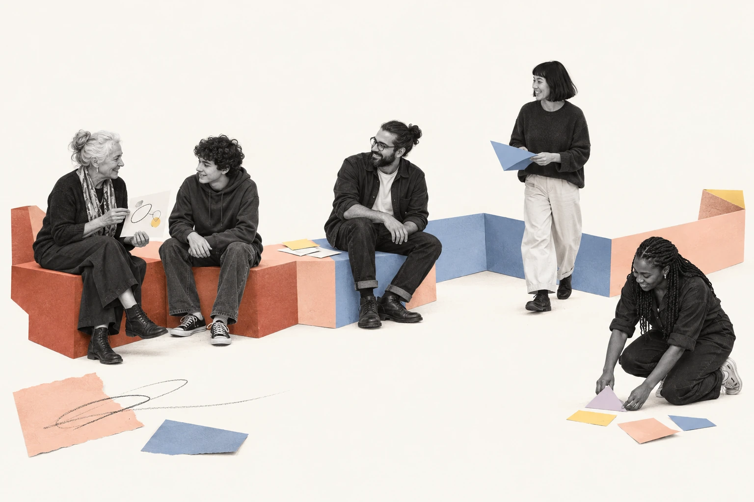 Colagem conceptual de pessoas de diferentes gerações a partilhar ideias num espaço feito de papel.